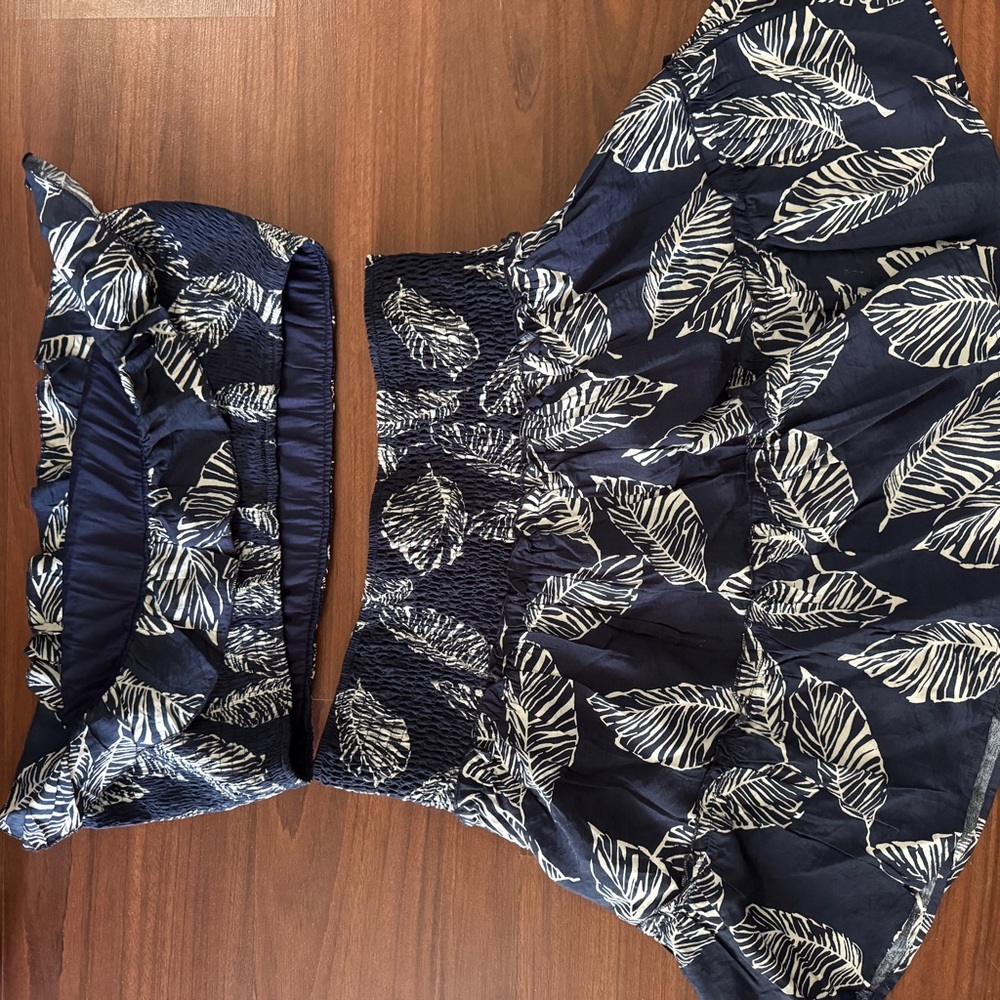 Leaf Print Two-Piece Set in Navy and White
